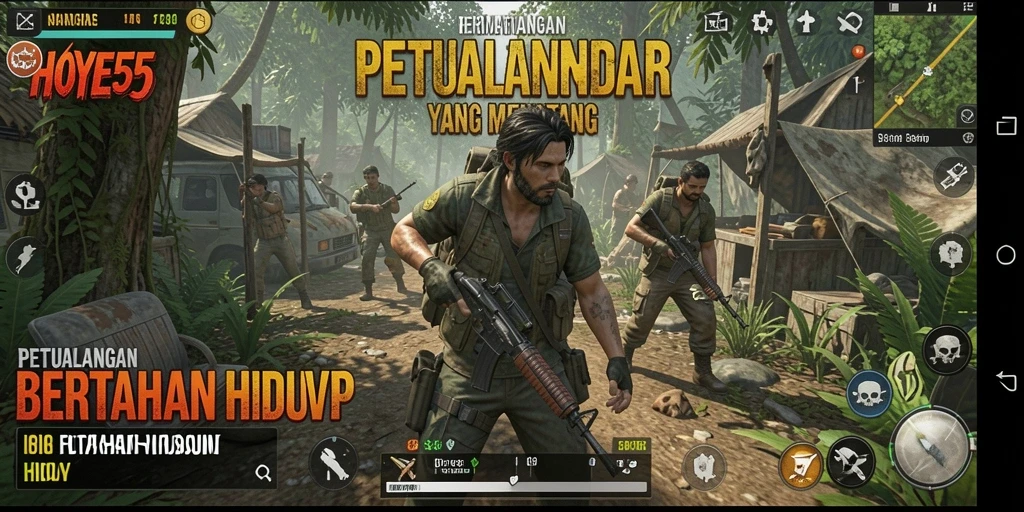 Screenshot utama HOYE55 memperlihatkan suasana bertahan hidup yang mendebarkan.