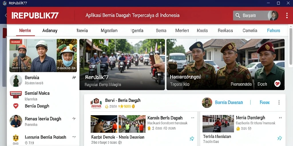 Antarmuka aplikasi REPUBLIK77 dengan fitur Berita Daerah yang menarik.